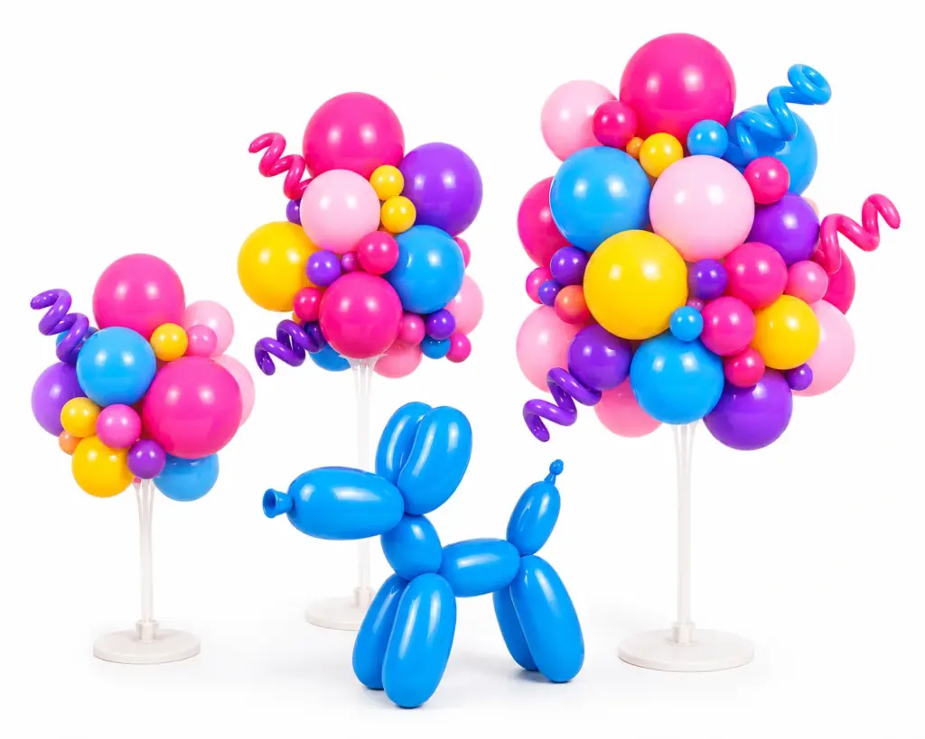 Kleurrijke ballon tafeldecoraties op standaard met organische ballonnen en decoratieve accenten.