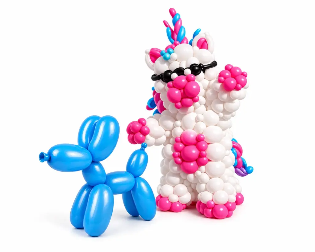 Ballonkostuum op maat in unicorn-thema, gemaakt van ballonnen voor entertainment, evenementen en kinderfeestjes.