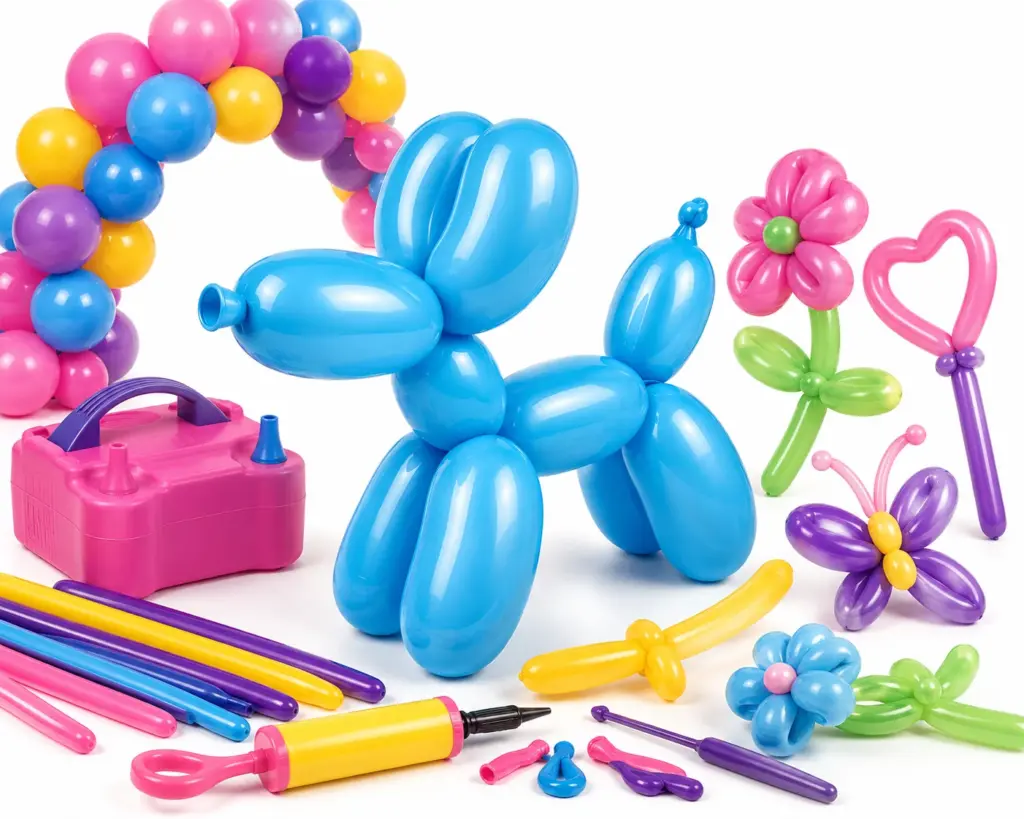 Ballonnen workshop met ballonhond, ballondecoraties, ballonpomp en materialen voor ballonvouwen.