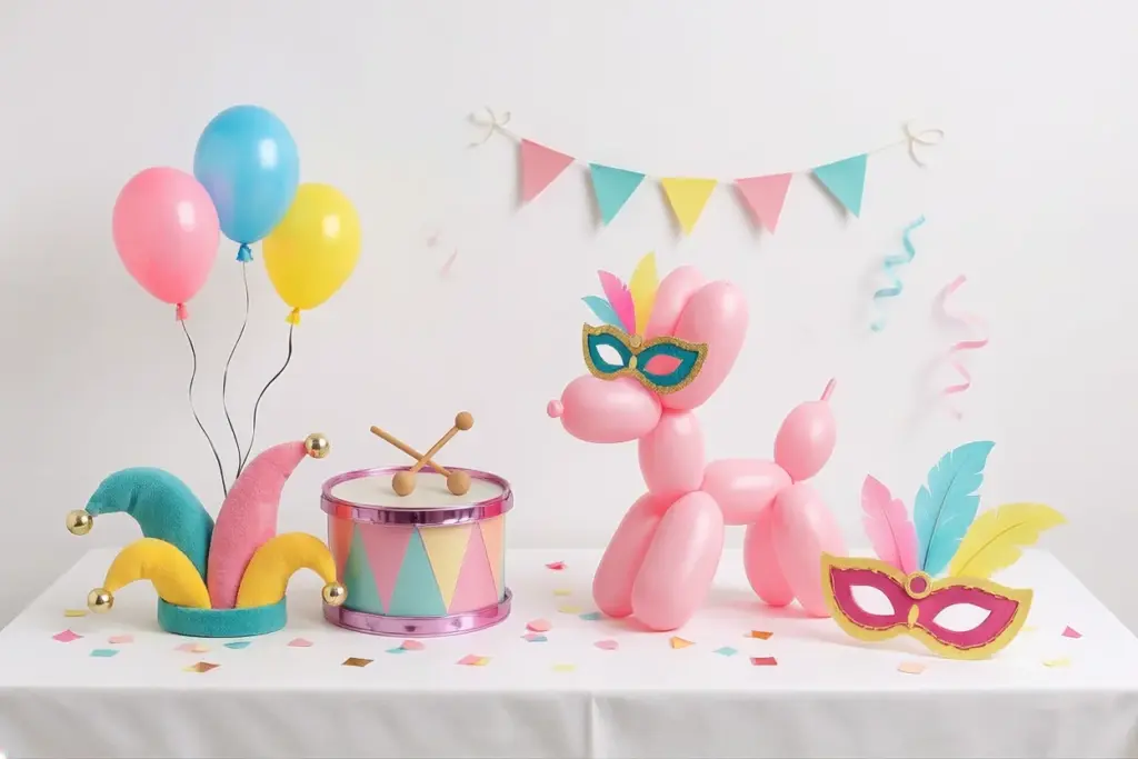 Carnavalsfeest met kleurrijke decoratie, ballonnen, feestartikelen en feestelijke aankleding.