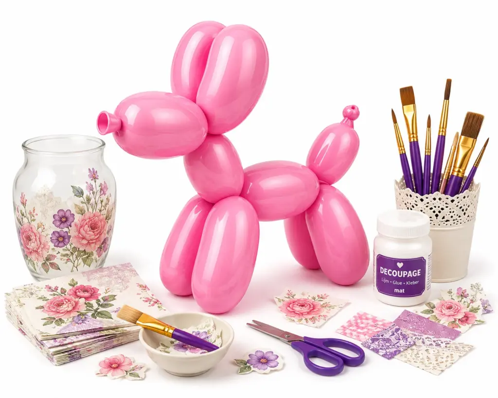 Decoupage workshop met decoratieve servetten, lijm, penselen en creatieve materialen.
