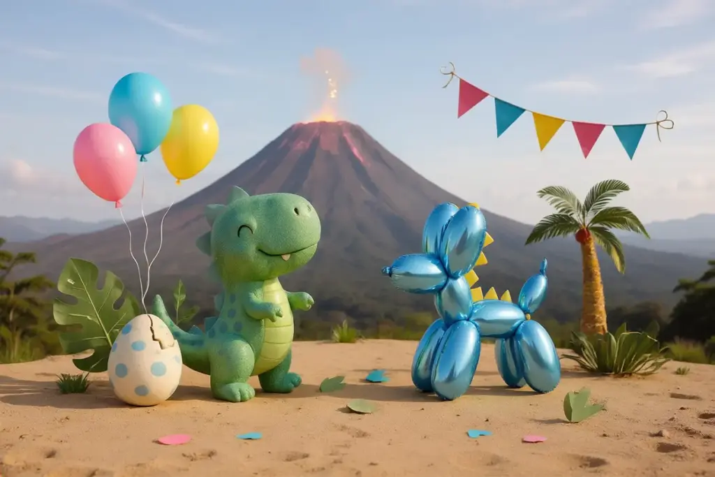 Dinosaurus themafeest met prehistorische decoratie, ballonnen en feestartikelen.