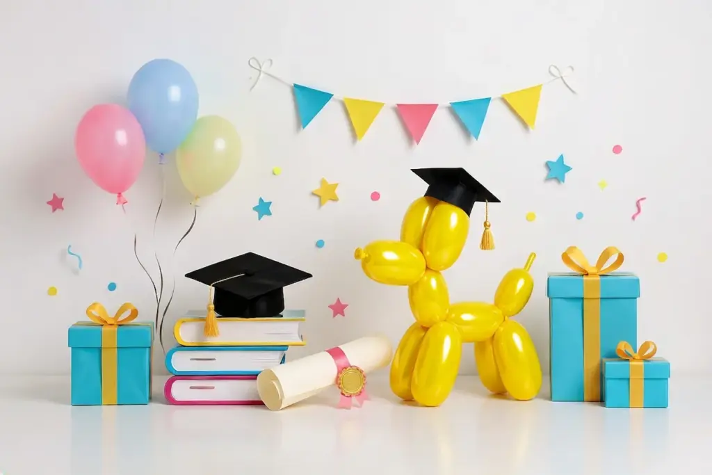 Geslaagd feestdecoratie met slingers, ballonnen, cadeaus en feestelijke versiering.