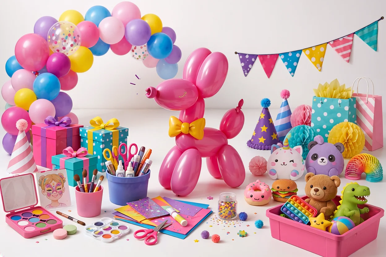 Feestelijke illustratie van FeestjeCreatief met ballonboog, feestdecoratie, creatieve producten en ballonhondje.