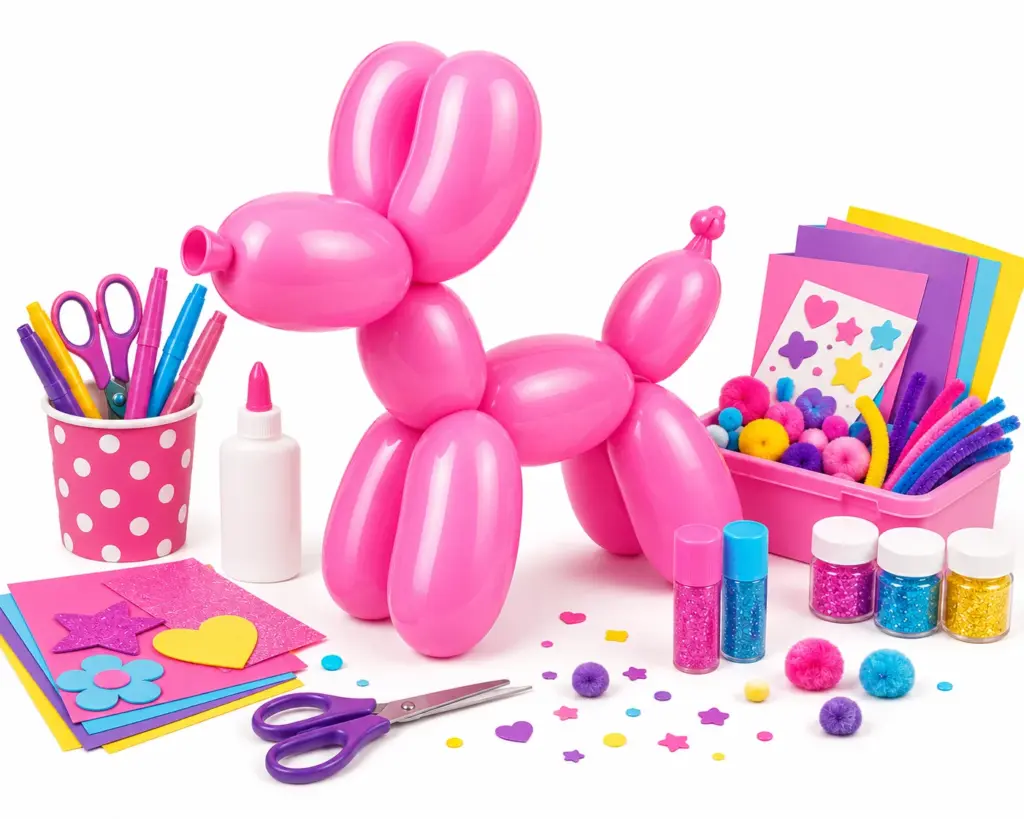 Knutselworkshop met ballonhond, papier, stickers, pompons, scharen en creatieve knutselmaterialen.