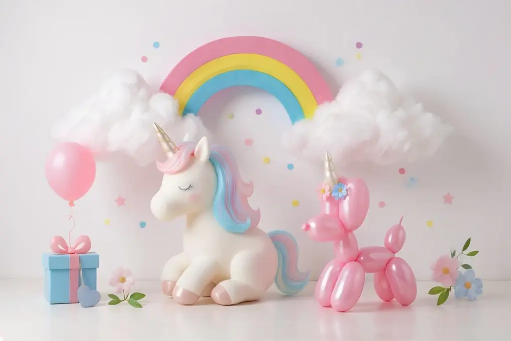 Unicorn themafeest met pastelkleuren, regenbogen, ballonnen en feestdecoratie.
