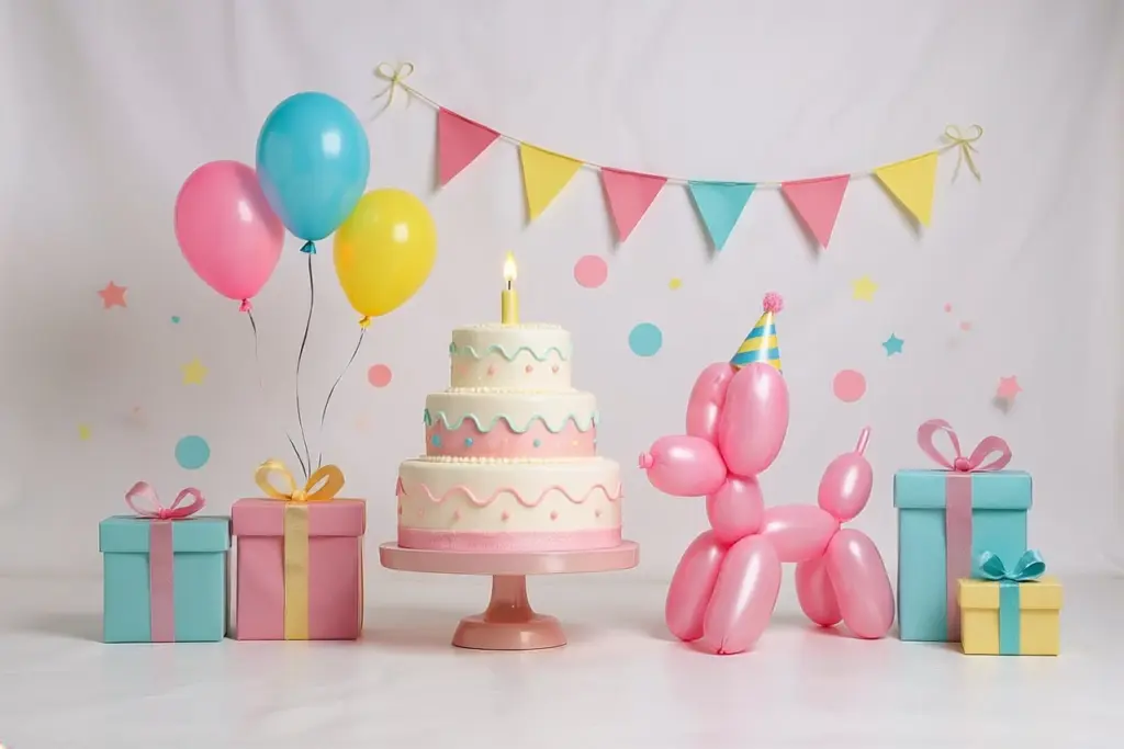 Verjaardagsfeest met feestartikelen, decoratie, ballonnen en cadeaus.